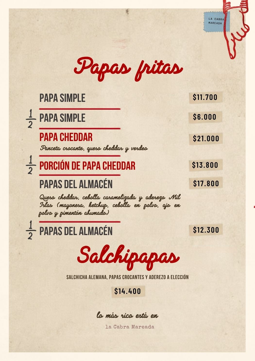 Carta de papas fritas y salchipapas de La Cabra Mareada