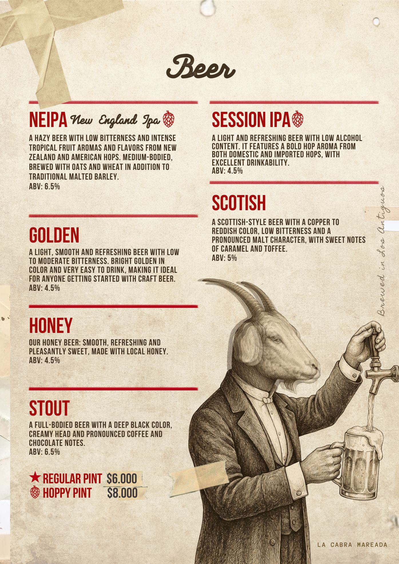 La Cabra Mareada craft beer menu in English