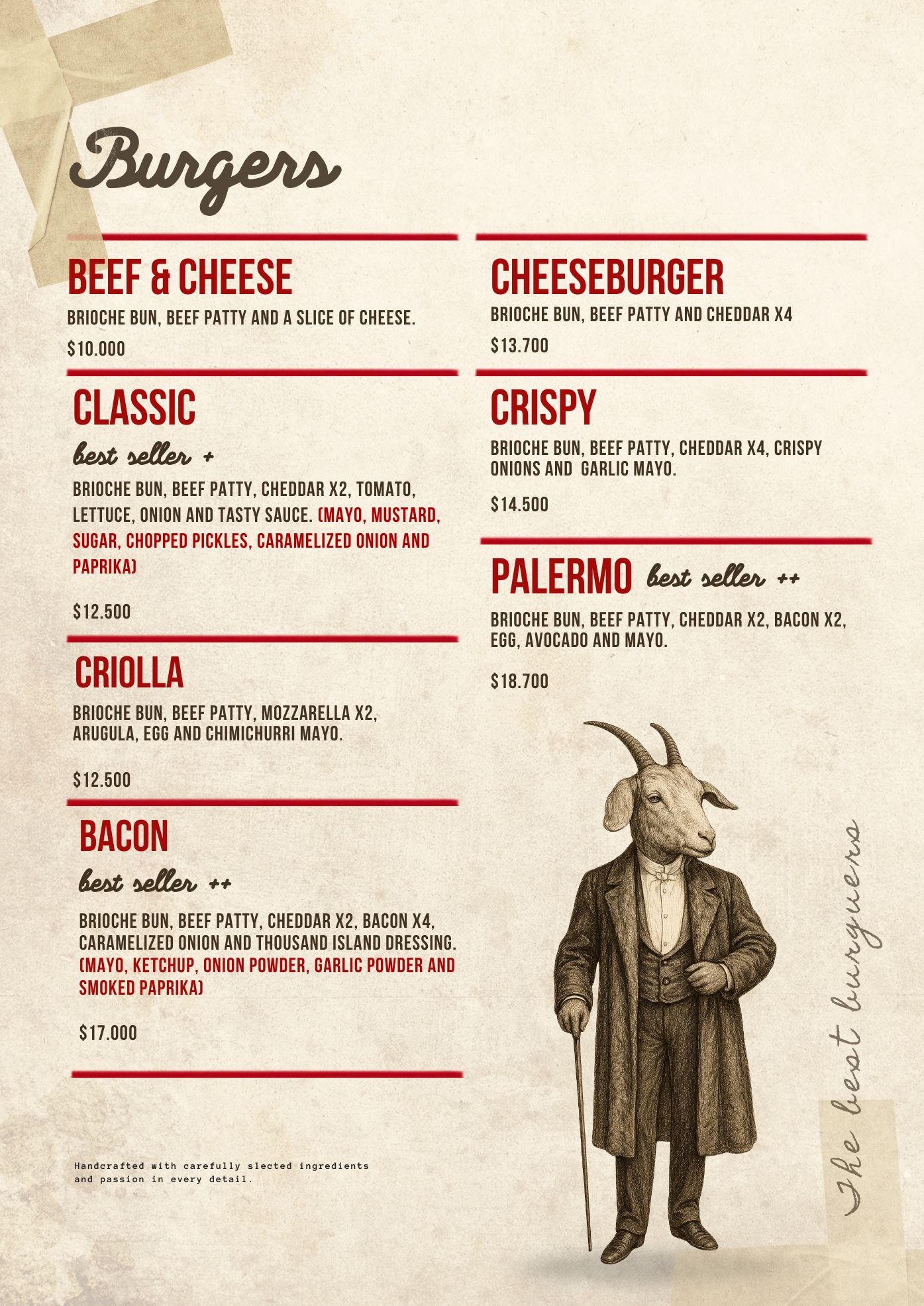 La Cabra Mareada burger menu in English