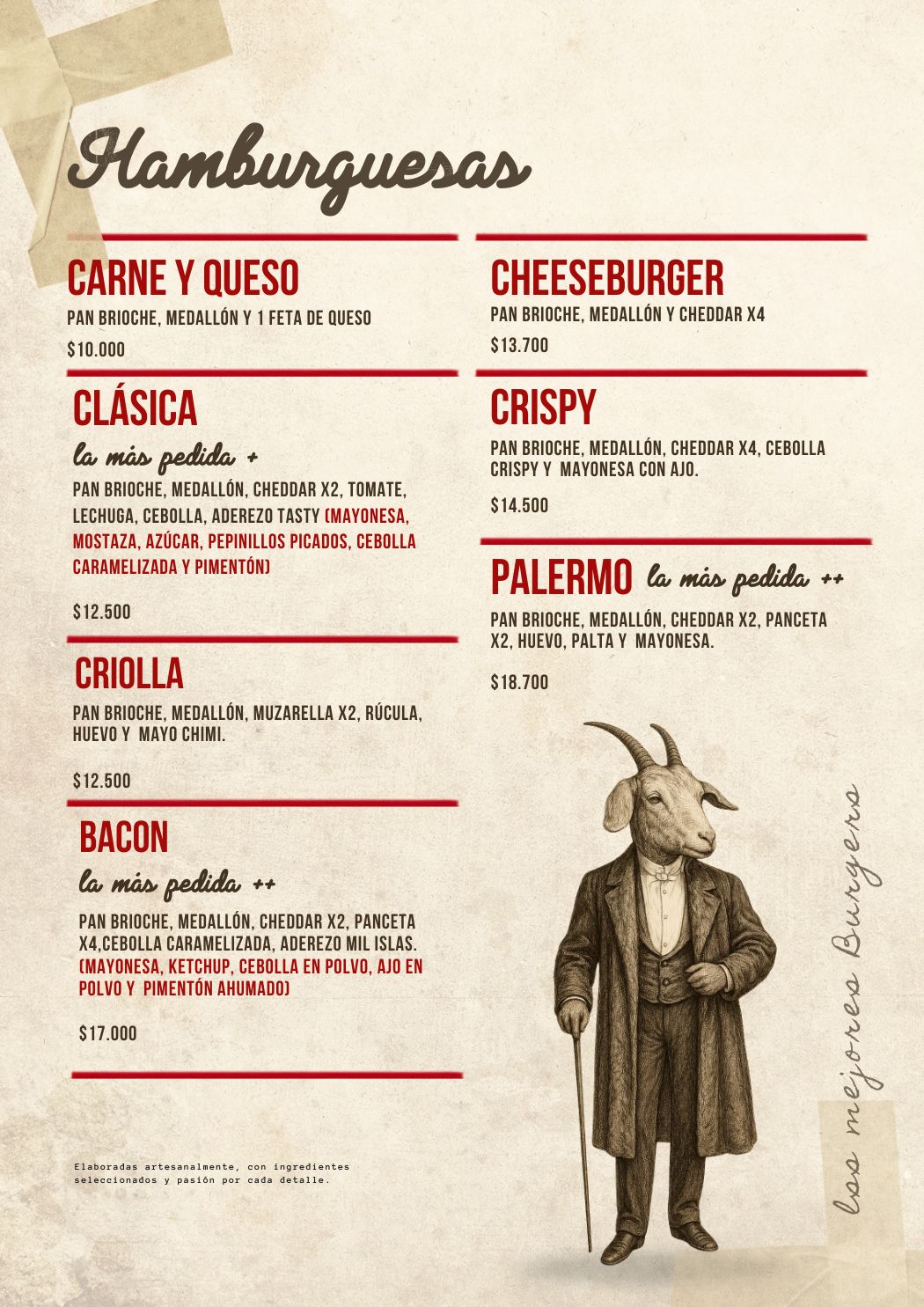 Carta de hamburguesas de La Cabra Mareada