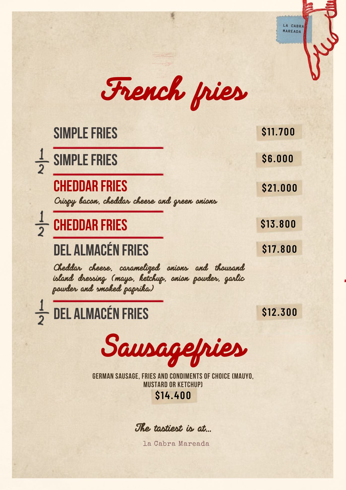 La Cabra Mareada fries menu in English