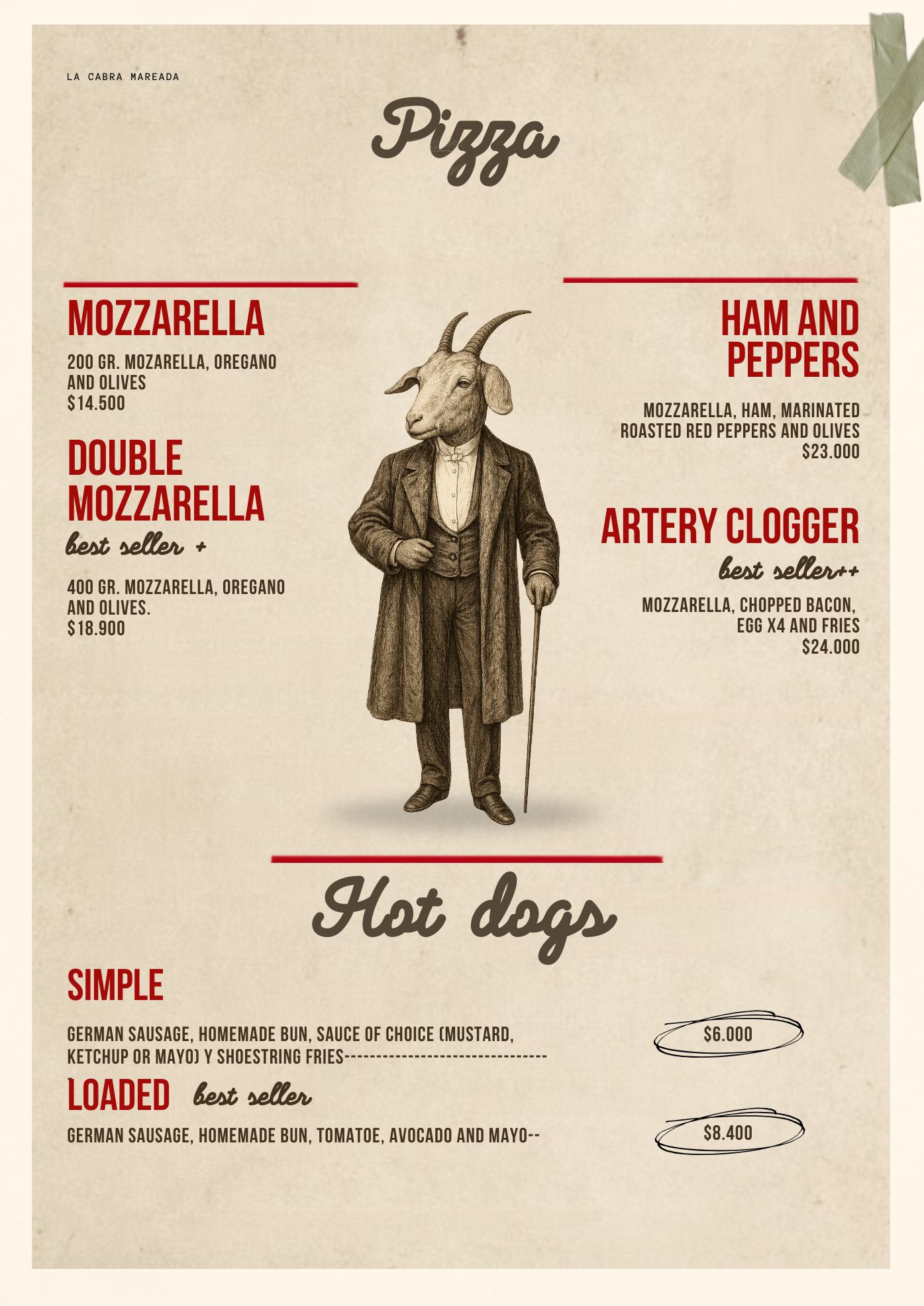 La Cabra Mareada pizza and hot dog menu in English