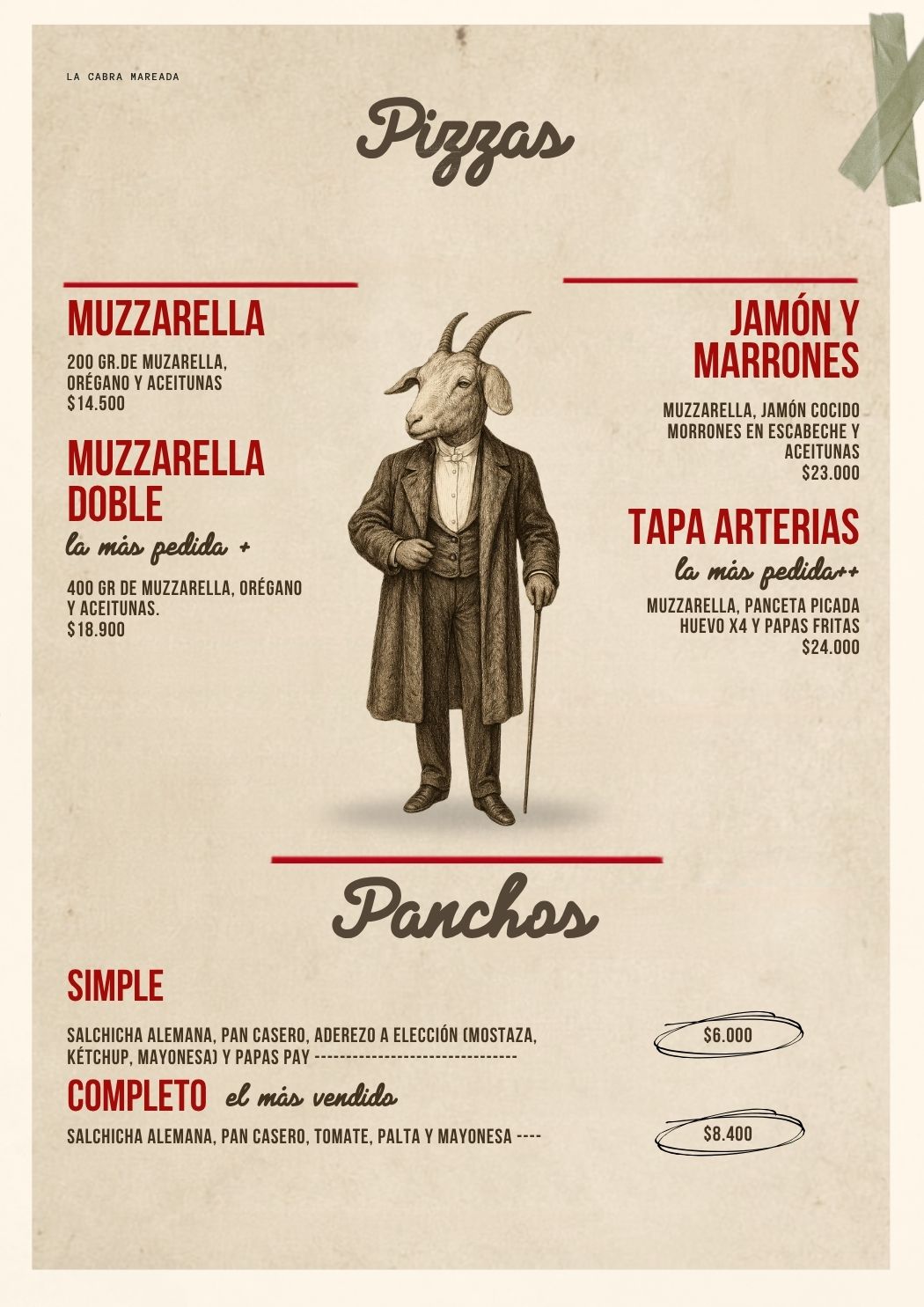 Carta de pizzas y panchos de La Cabra Mareada